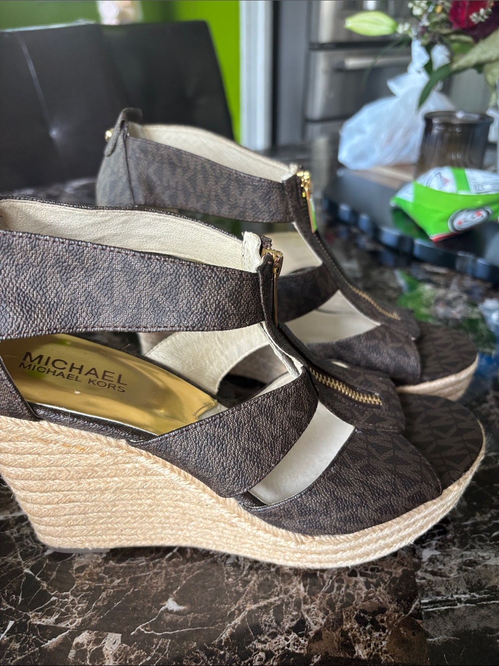 MICHAEL Michael Kors Brown Logo Espadrille Wedge Sandals with Gold Accent